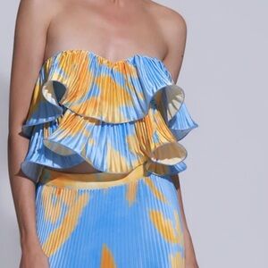 Blue and Yellow Strapless Ruffle Top & Skirt Set